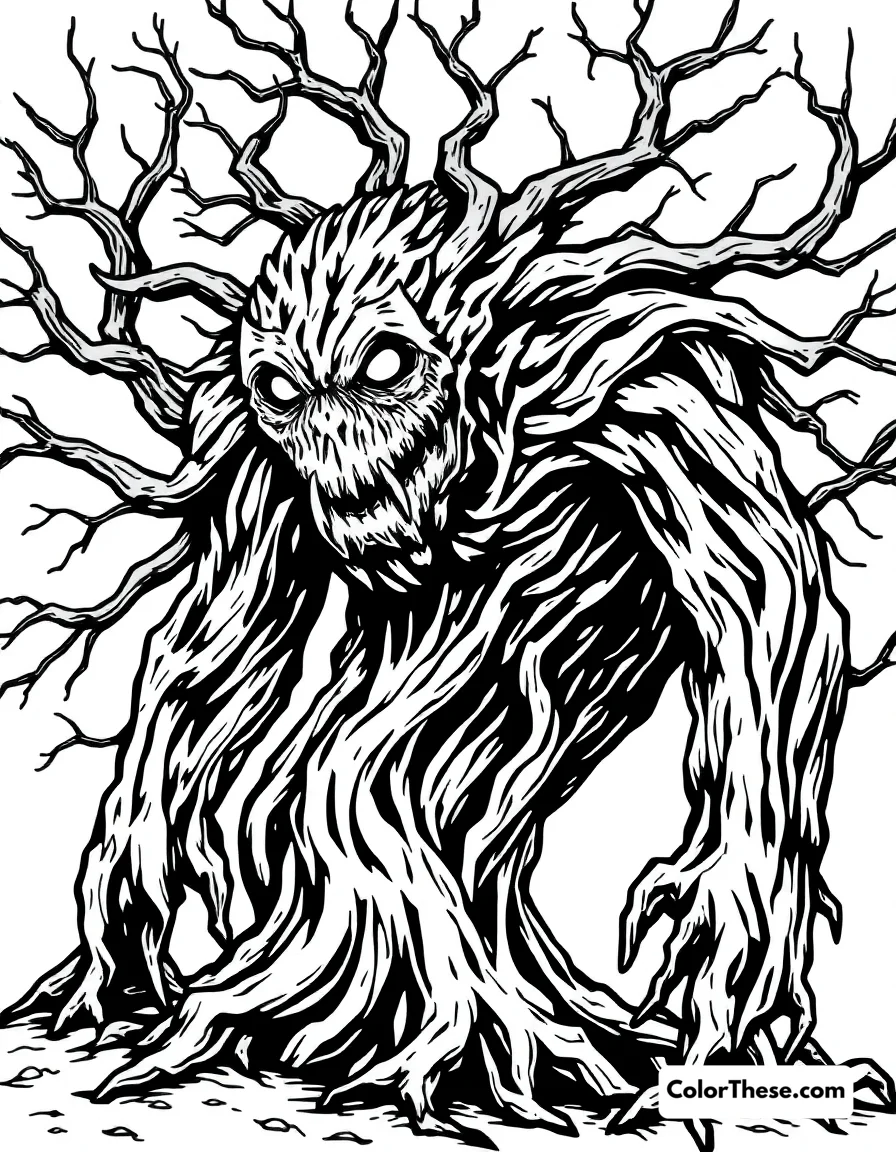 Free printable tree monster coloring page for kids and adults. A monster made of twisted tree branches.