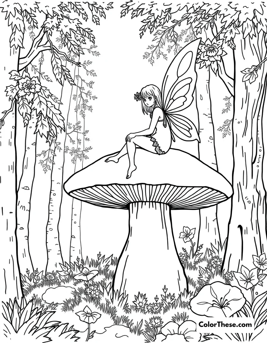 Free printable fairy sitting on a mushroom coloring page. A fairy sitting on a large mushroom in a forest.