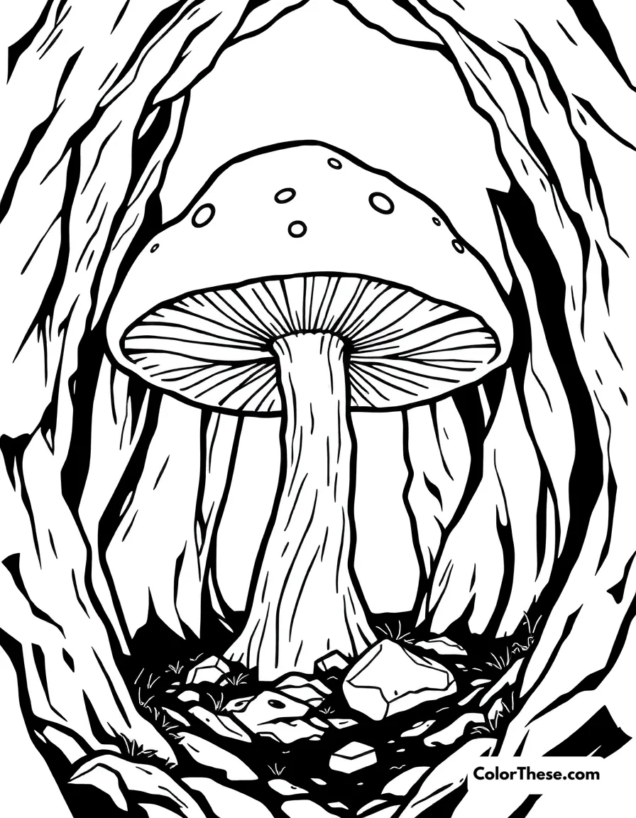 Free printable giant mushroom in a cave coloring page for kids and adults. A giant mushroom growing in a dark cave.