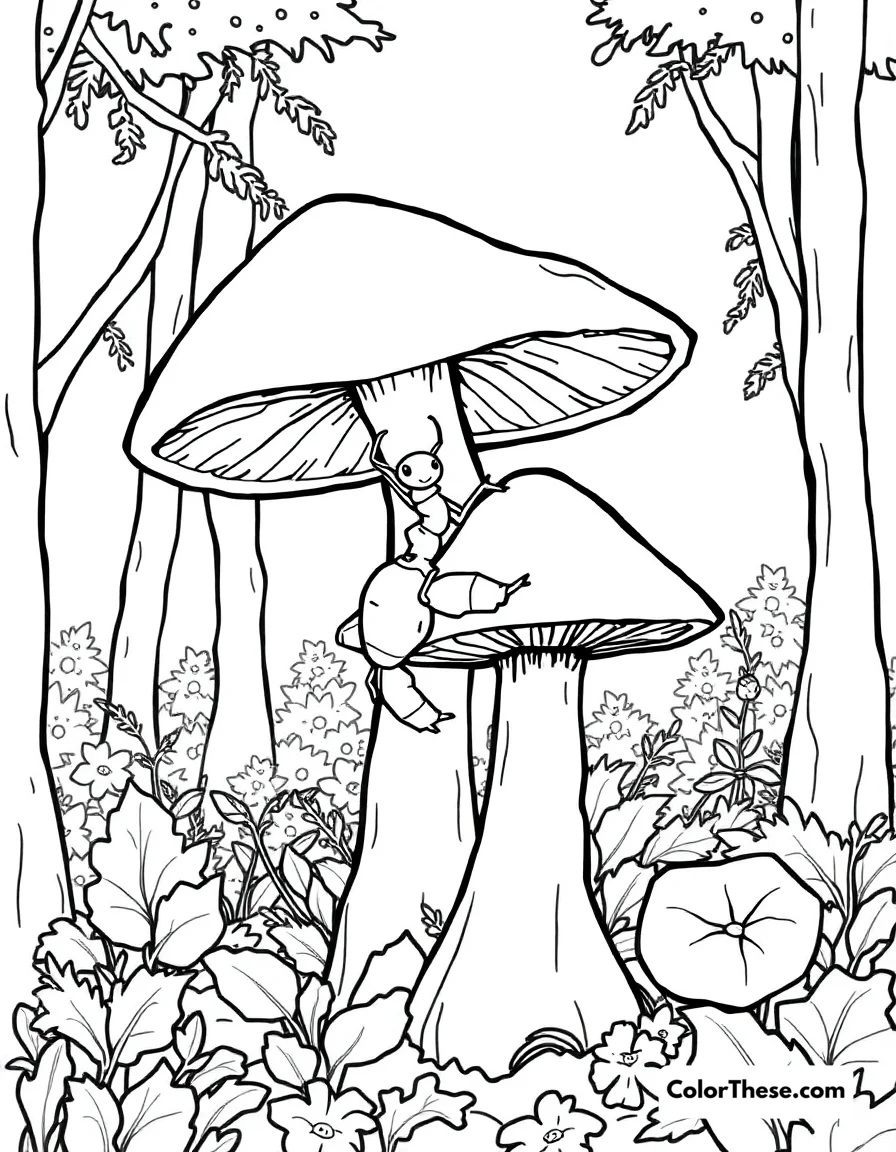 Free printable mushroom and ant scene coloring page. An ant climbing a mushroom in a forest.