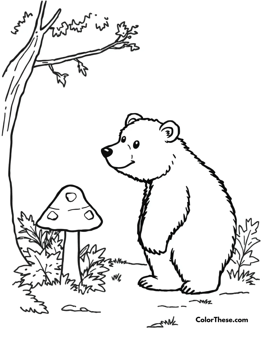 Free printable mushroom and bear scene coloring page for kids and adults. A bear standing near a mushroom in a forest.