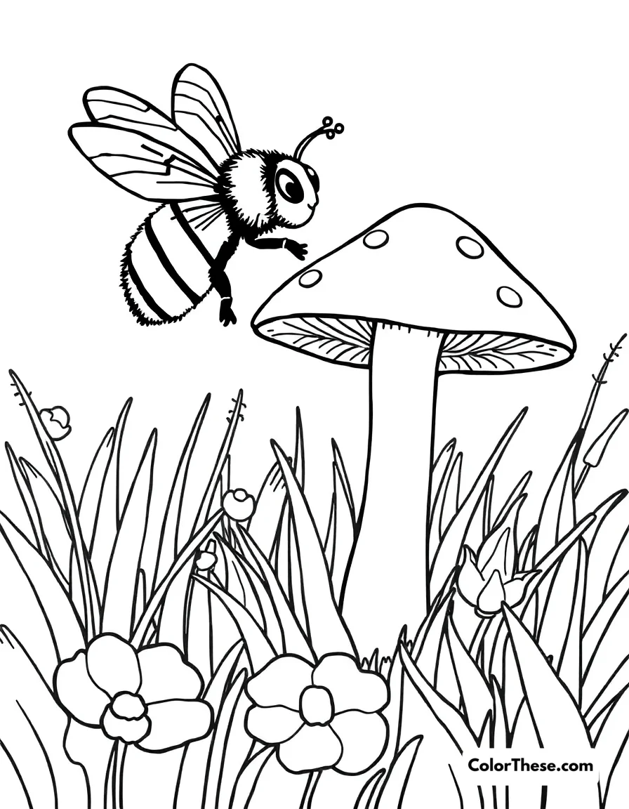 Free printable mushroom and bee scene coloring page for kids and adults. A bee flying near a mushroom in a meadow.