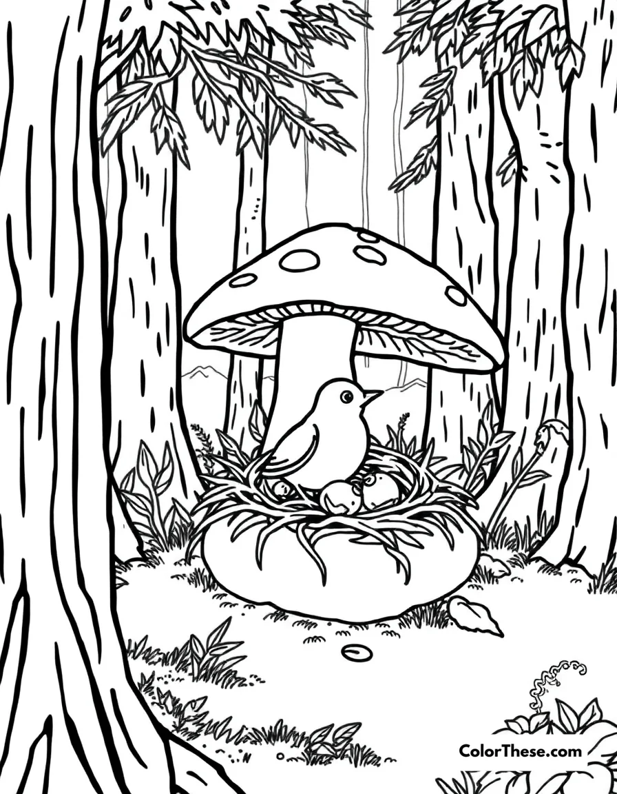 Free printable mushroom and bird nest scene coloring page for kids and adults. A bird nesting near a mushroom in a forest.