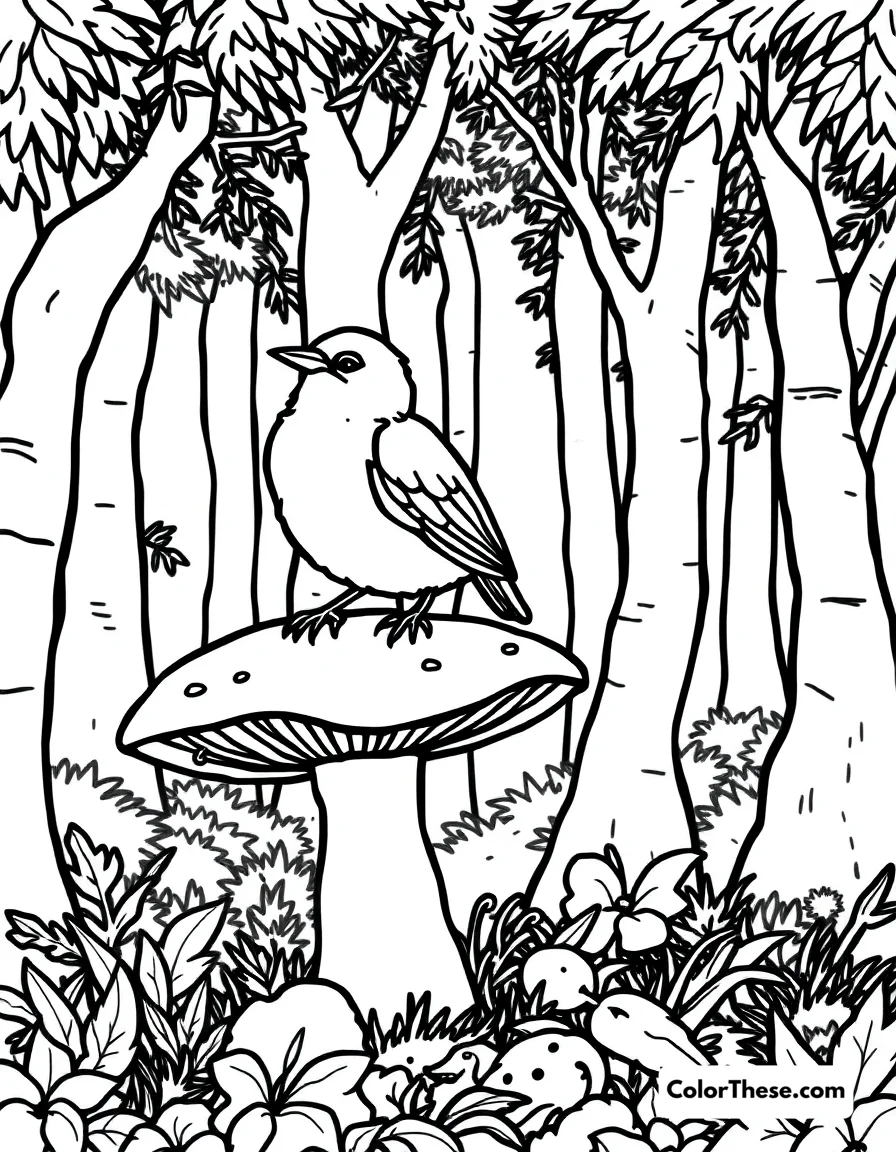 Free printable mushroom and bird scene coloring page for kids and adults. A bird perched on a mushroom in a forest.