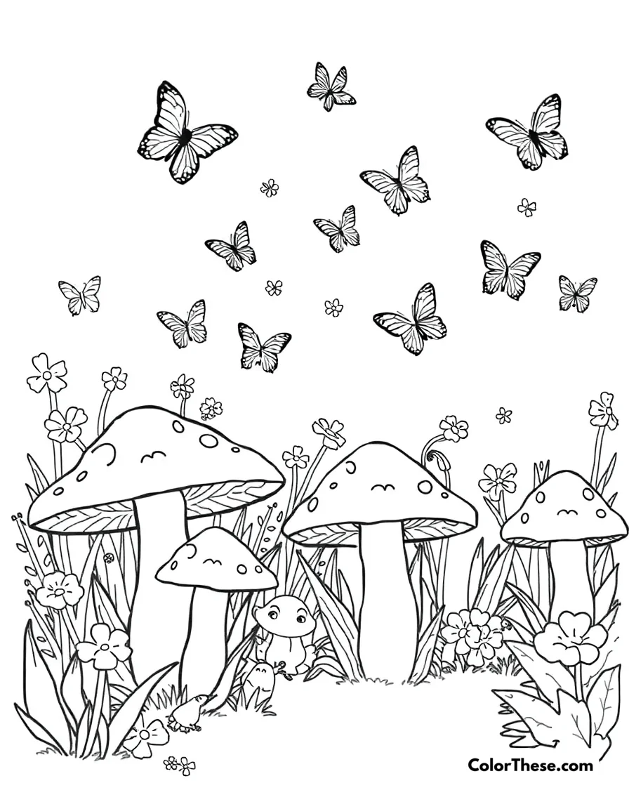 Free printable mushroom and butterfly garden scene coloring page. A garden of mushrooms with butterflies flying around.