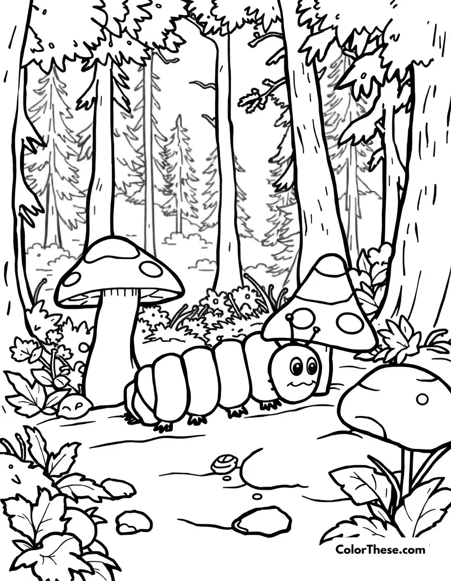 Free printable mushroom and caterpillar scene coloring page for kids and adults. A caterpillar crawling near a mushroom in a forest.