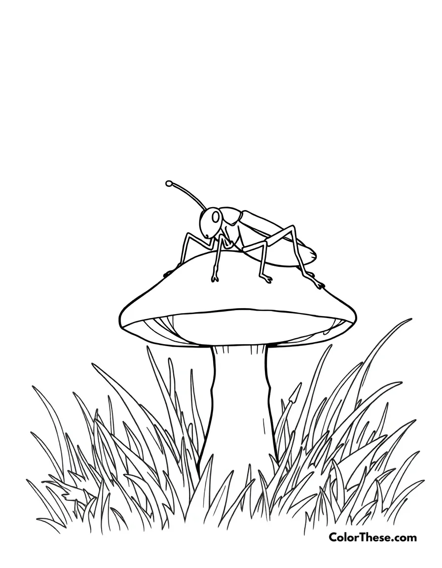 Free printable mushroom and cricket scene coloring page. A cricket resting on a mushroom in a meadow.