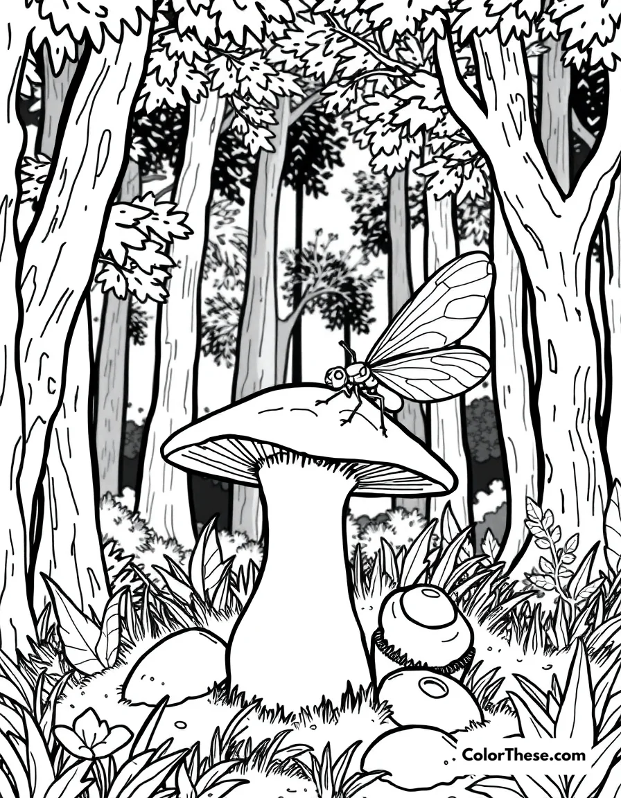 Free printable mushroom and firefly scene coloring page for kids and adults. A firefly resting on a mushroom in a forest.