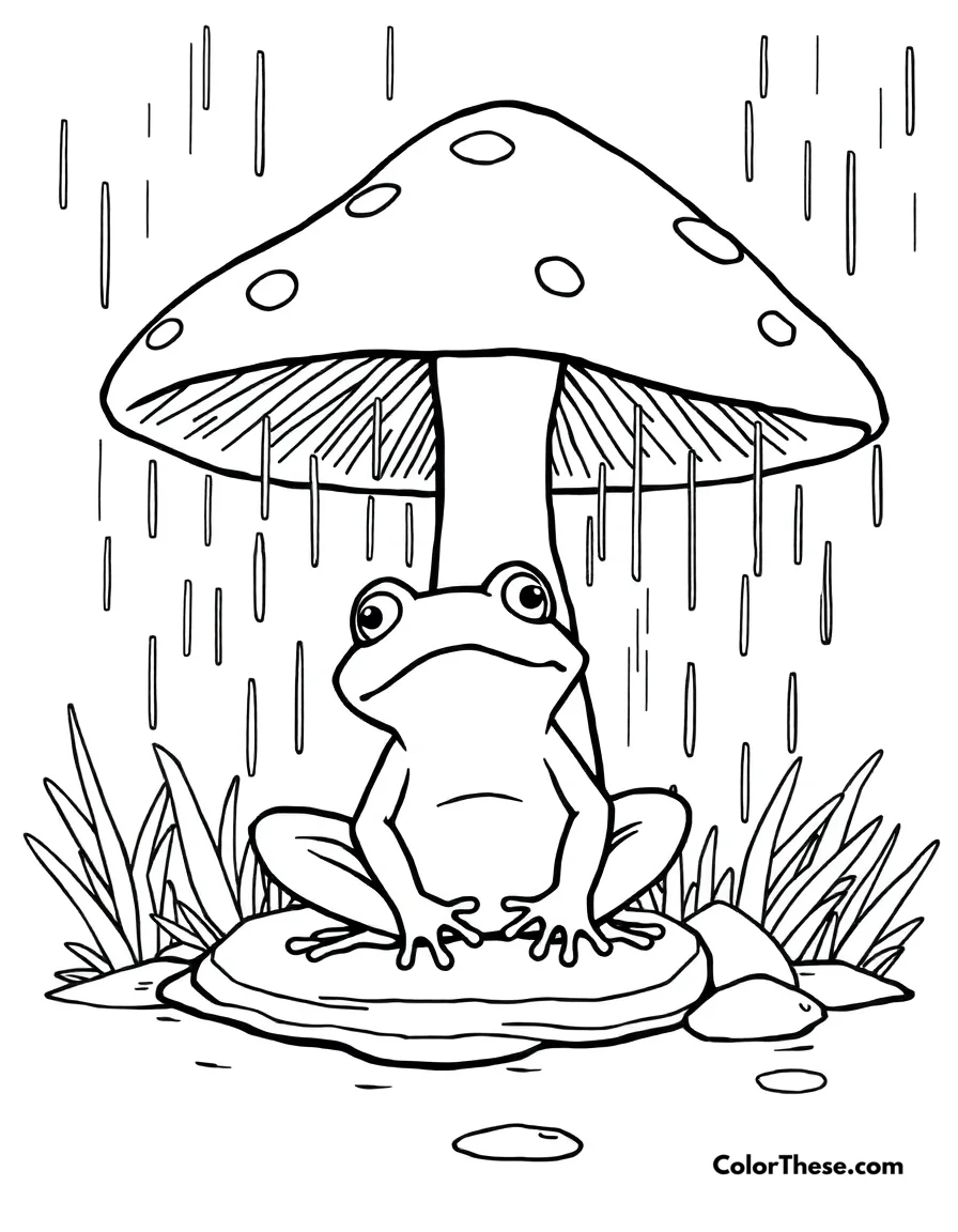 Free printable mushroom and frog scene coloring page for kids and adults. A frog sitting under a large mushroom in the rain.