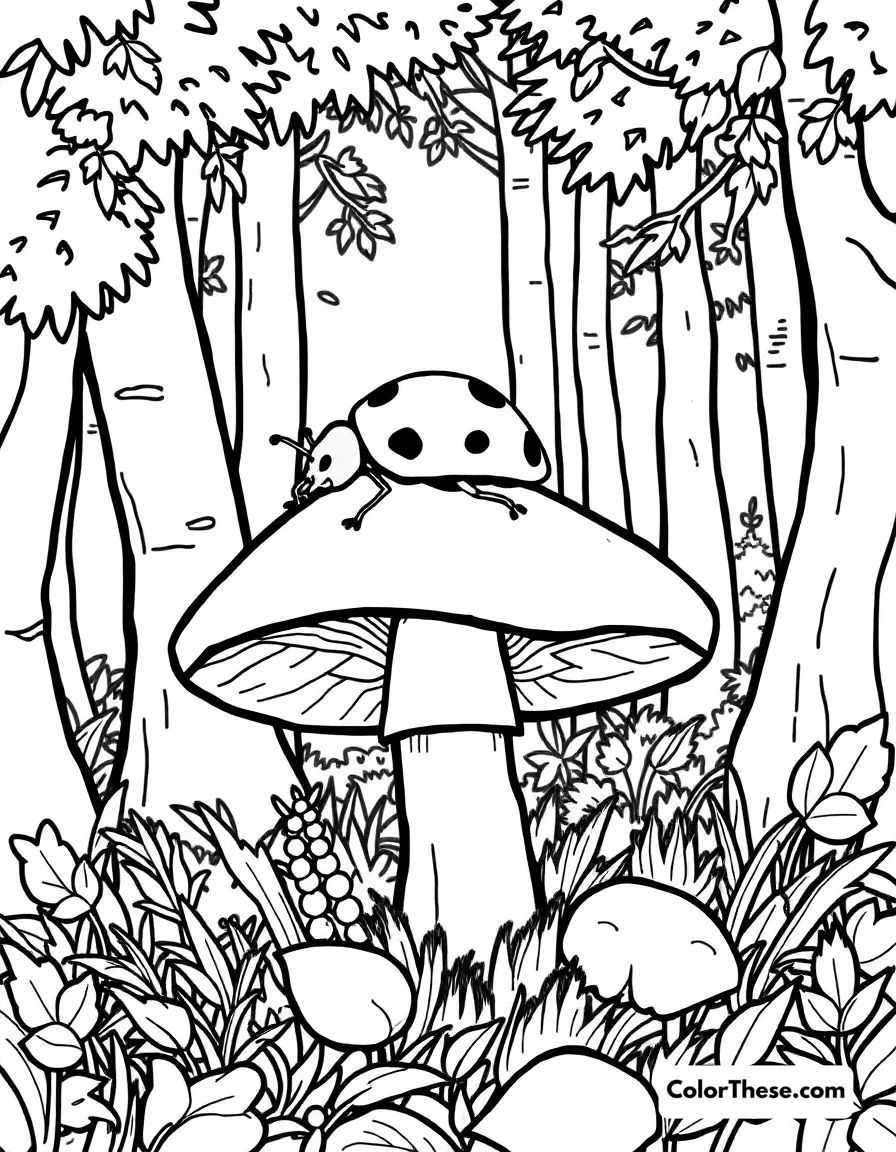 Free printable mushroom and ladybug scene coloring page. A ladybug resting on a mushroom in a forest.