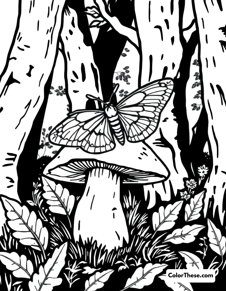 Free printable mushroom and moth scene coloring page for kids and adults. A moth resting on a mushroom in a forest.