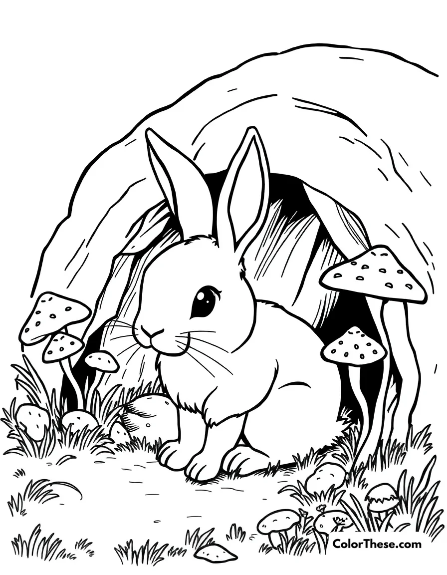 Free printable mushroom and rabbit burrow scene coloring page for kids and adults. A rabbit near its burrow with mushrooms growing nearby.