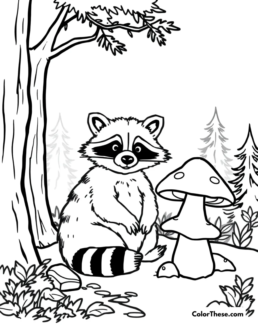 Free printable mushroom and raccoon scene coloring page for kids and adults. A raccoon sitting near a mushroom in a forest.