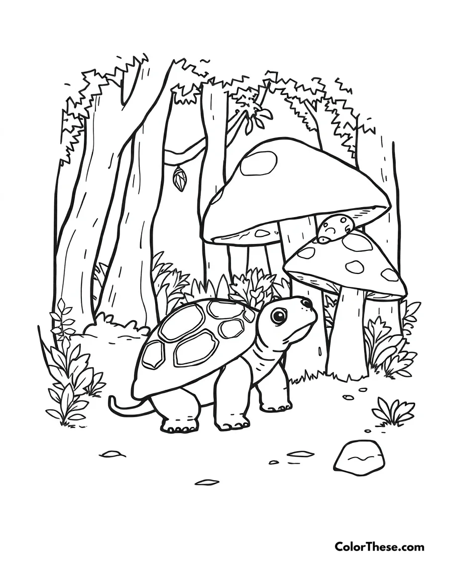 Free printable mushroom and turtle scene coloring page for kids and adults. A turtle sitting near a mushroom in a forest.