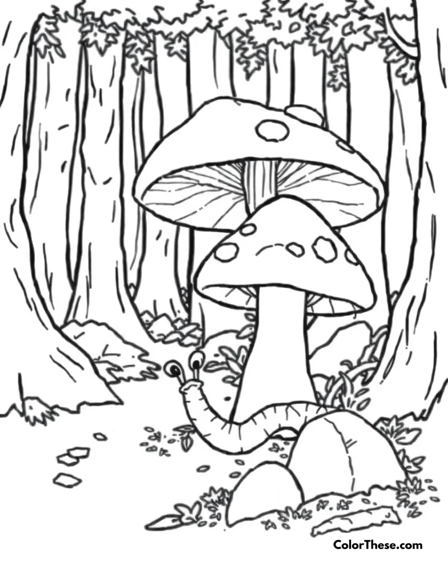 Free printable mushroom and worm scene coloring page for kids and adults. A worm crawling near a mushroom in a forest.
