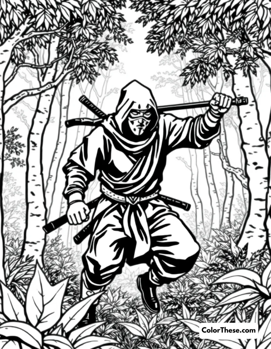 Free printable ninja in a forest coloring page for kids and adults. A ninja moving silently through a dense forest.
