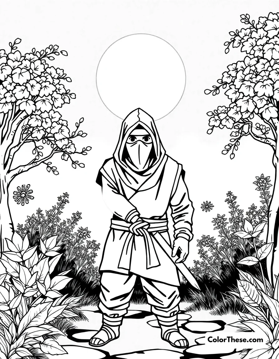 Free printable ninja in a moonlit garden coloring page for kids and adults. A ninja standing in a peaceful moonlit garden.