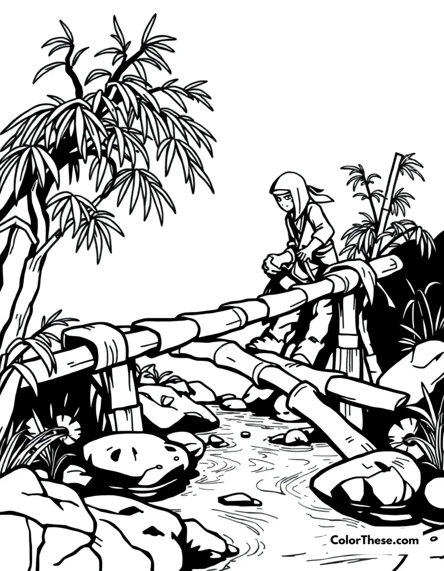 Free printable ninja on a bamboo bridge coloring page for kids and adults. A ninja crossing a bamboo bridge over a stream.