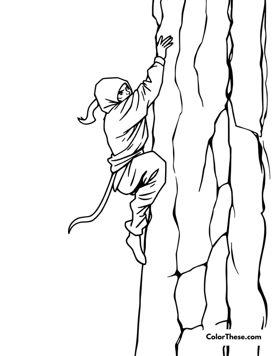 Free printable ninja scaling a wall coloring page for kids and adults. A ninja climbing a tall wall with ease.