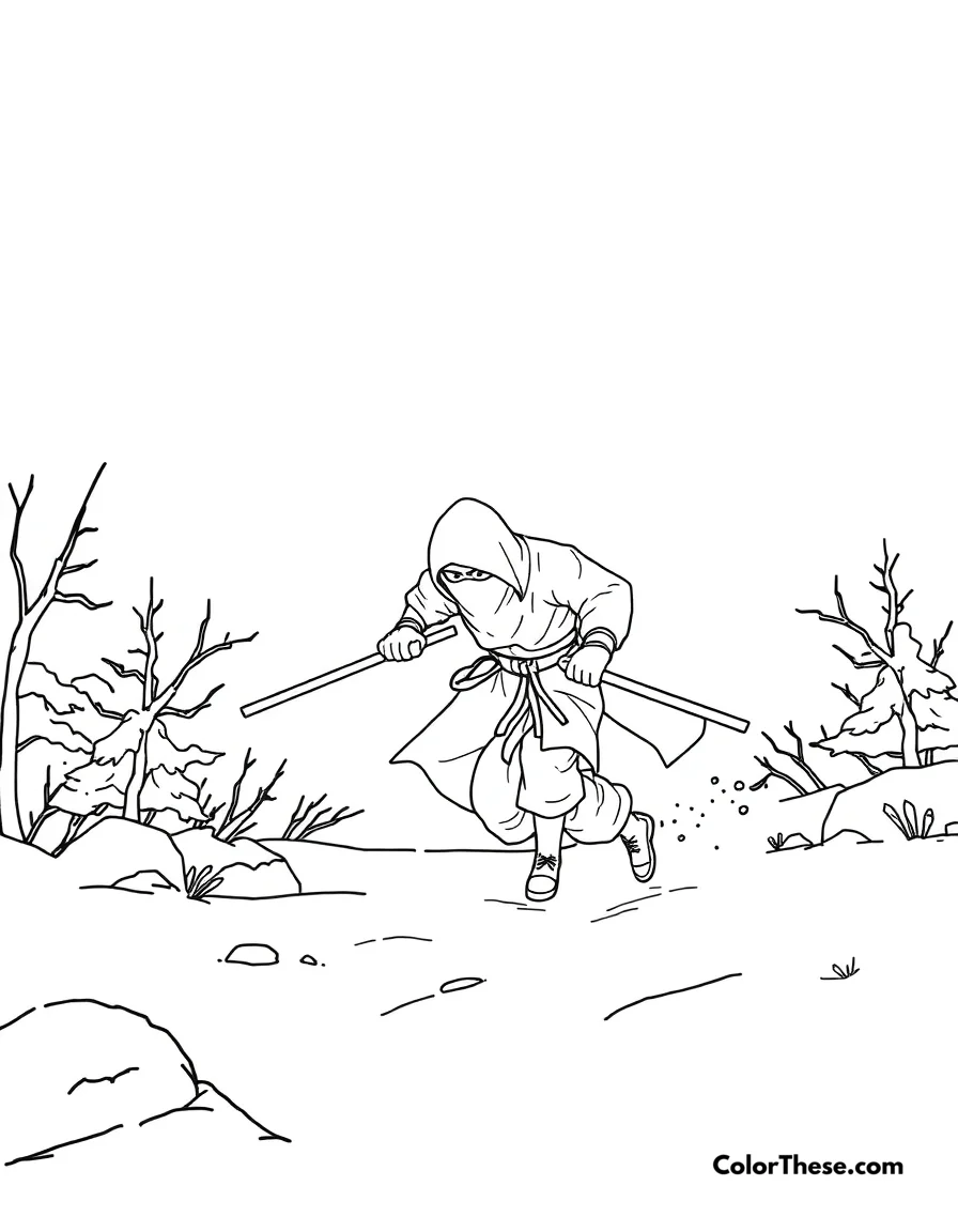 Free printable ninja in a snowy landscape coloring page for kids and adults. A ninja moving silently through a snowy landscape.