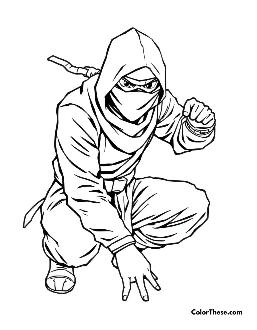 Free printable ninja in stealth mode coloring page for kids and adults. A ninja crouching in stealth mode, ready to strike.