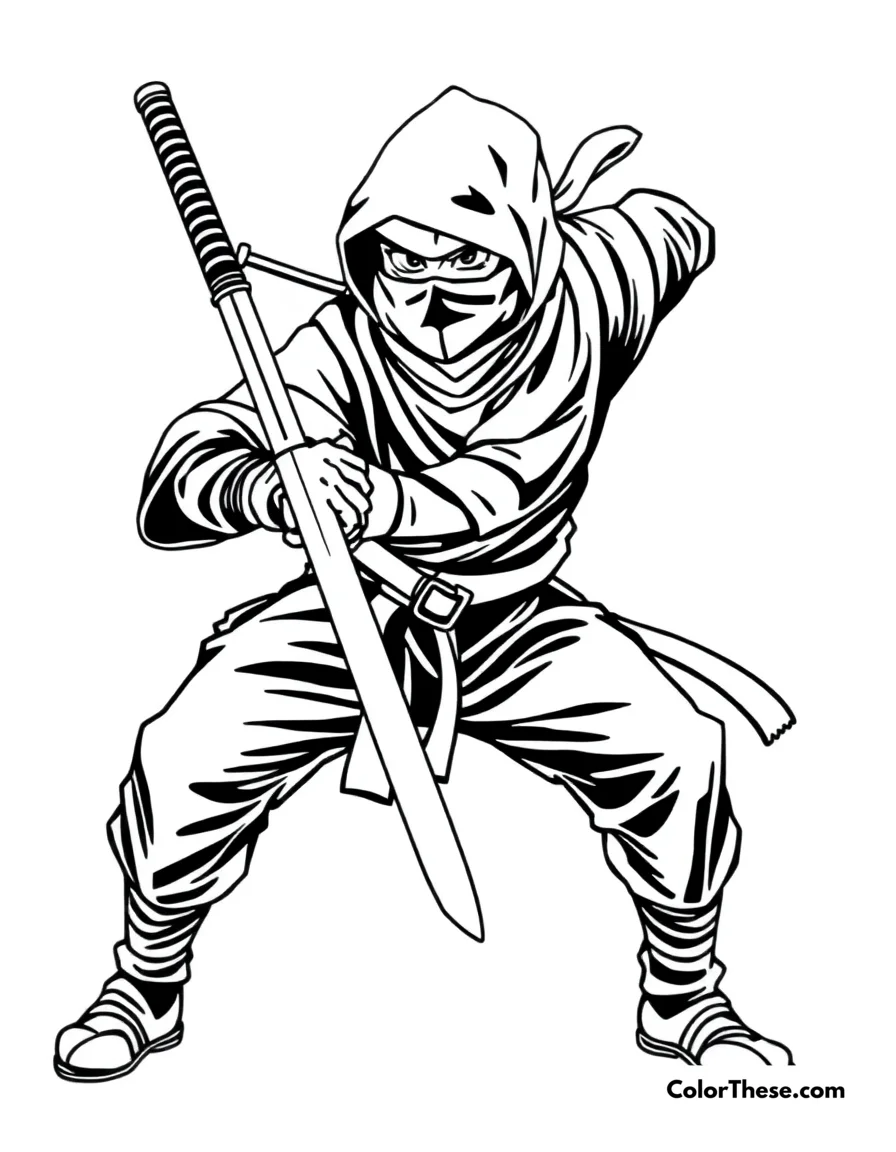 Free printable ninja with a katana coloring page for kids and adults. A ninja holding a katana in a defensive stance.