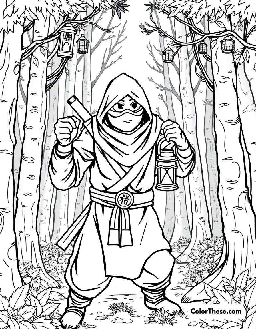 Free printable ninja with a lantern coloring page for kids and adults. A ninja holding a lantern in a dark forest.