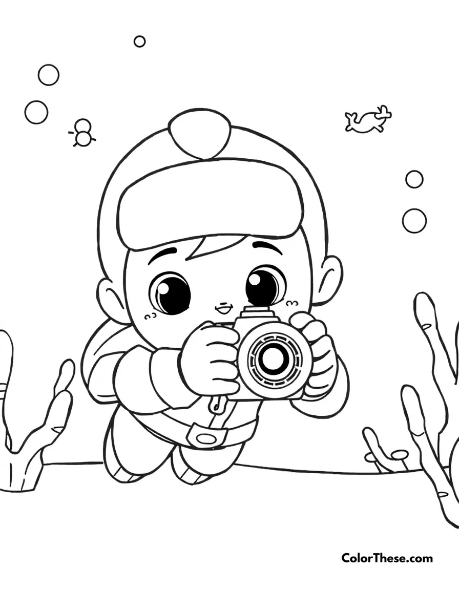 Free printable dashi taking underwater photos coloring page for kids and adults. Dashi the Octonauts photographer capturing underwater moments.