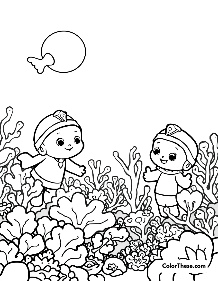 Free printable the octonauts exploring a coral reef coloring page for kids and adults. The Octonauts exploring a vibrant coral reef.