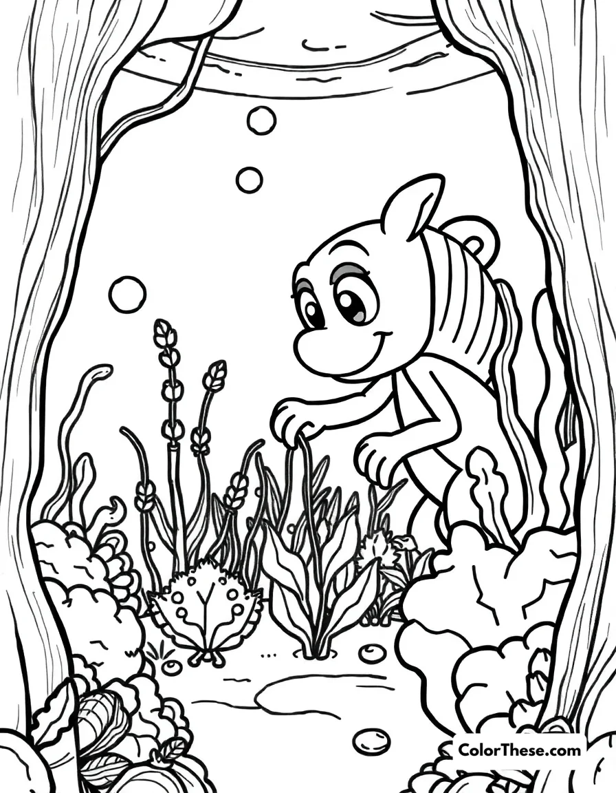 Free printable tunip the vegimal gardening coloring page for kids and adults. Tunip the Vegimal tending to an underwater garden.
