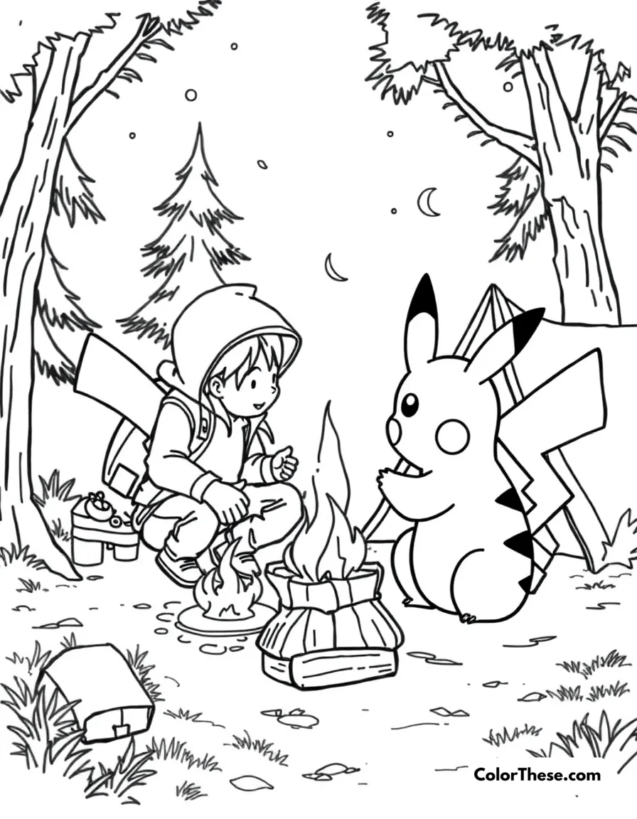 Free printable pikachu and ash camping coloring page for kids and adults. Pikachu and Ash setting up a campsite.