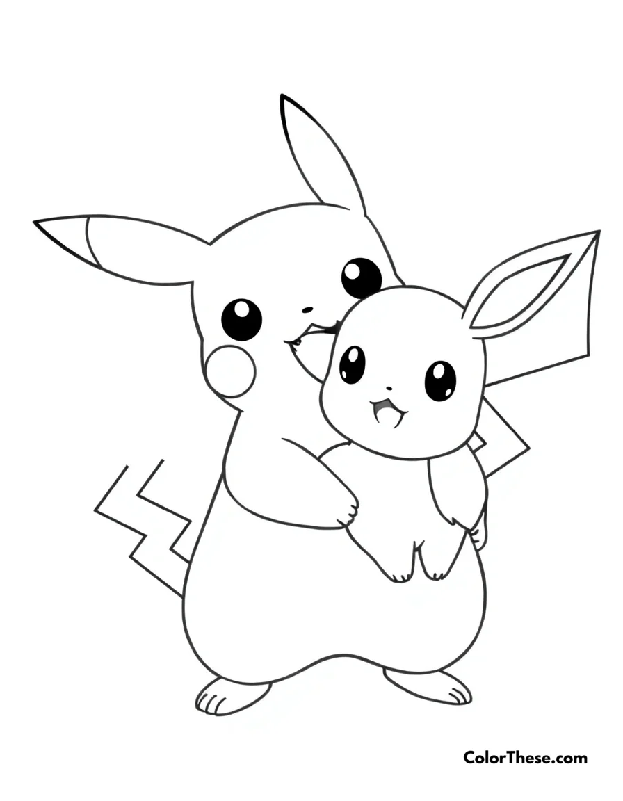 Free printable pikachu and eevee together coloring page for kids and adults. Pikachu standing with its friend Eevee.