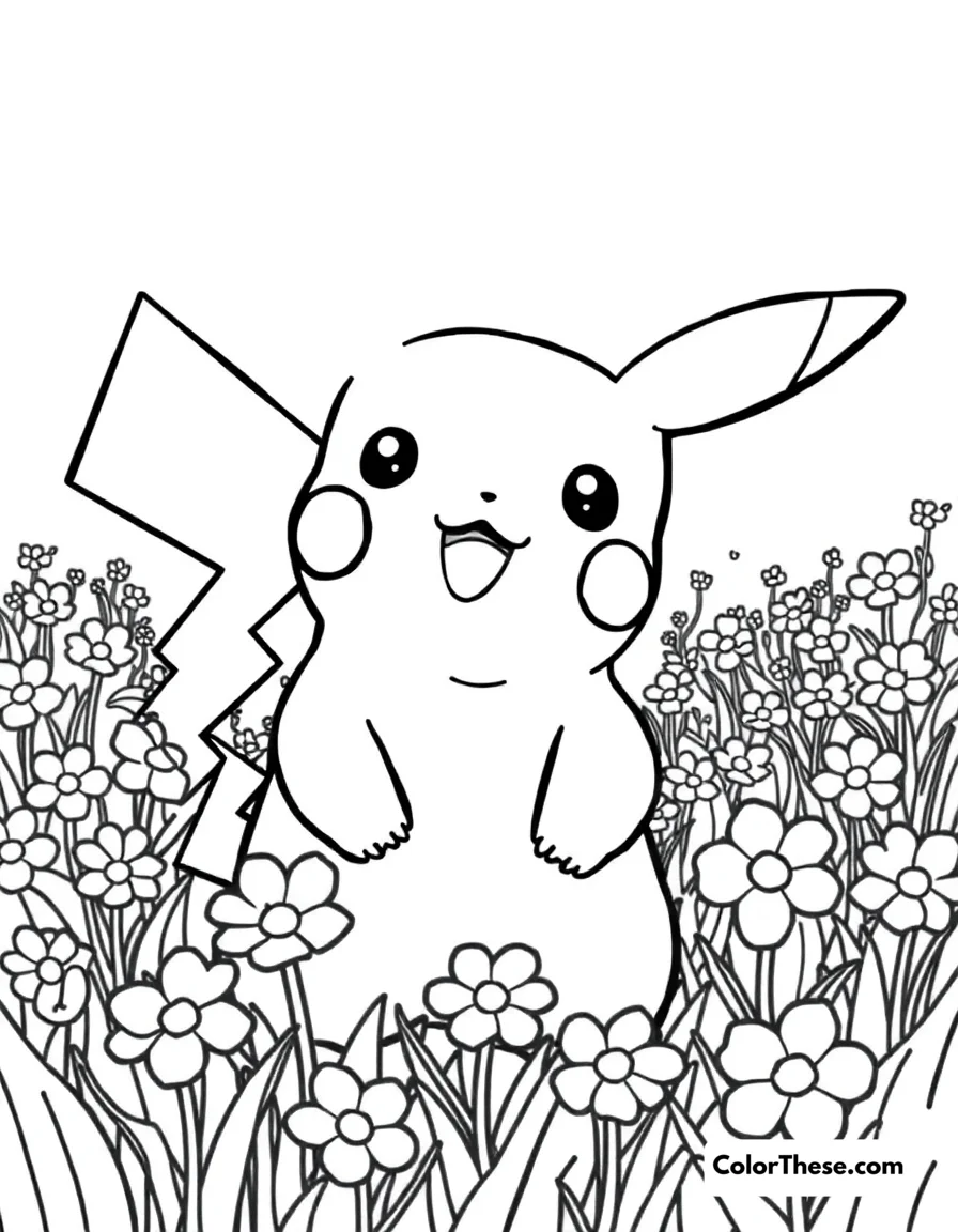 Free printable pikachu in a flower field coloring page for kids and adults. Pikachu standing in a field of flowers.