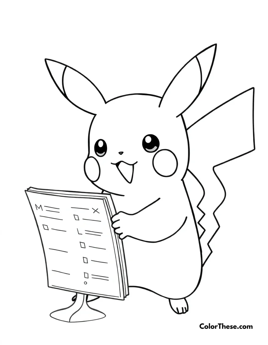 Free printable pikachu and a pokédex coloring page for kids and adults. Pikachu looking at a Pokédex with curiosity.