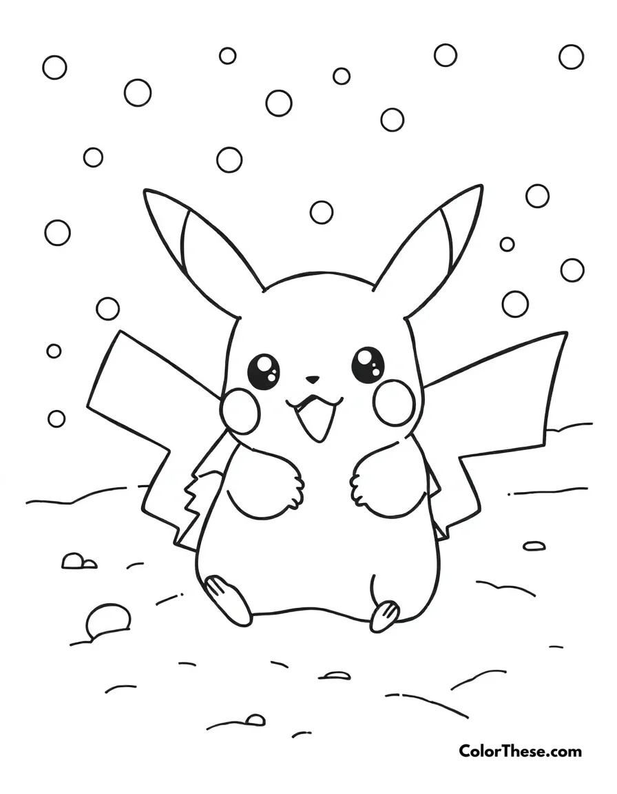 Free printable pikachu in a snowy landscape coloring page for kids and adults. Pikachu playing in the snow.