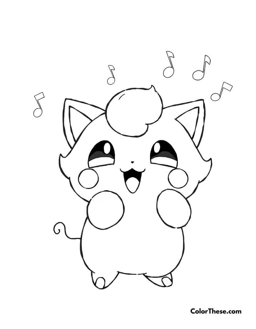 Free printable jigglypuff singing coloring page. Jigglypuff (Pokemon) singing its lullaby with musical notes.