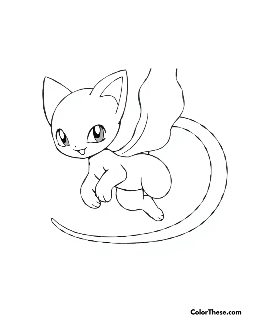 Free printable mew floating coloring page for kids and adults. Mew (Pokemon) floating gracefully with a playful expression.