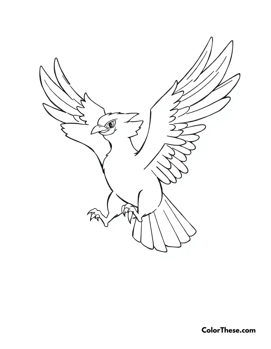 Free printable pidgeot flying coloring page for kids and adults. Pidgeot (Pokemon) soaring through the sky with its wings spread wide.