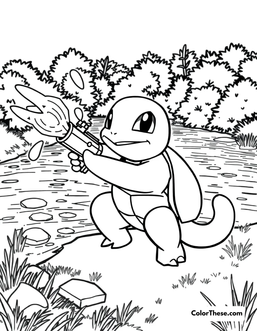 Free printable squirtle with water gun coloring page for kids and adults. Squirtle (Pokemon) using its Water Gun attack near a river.