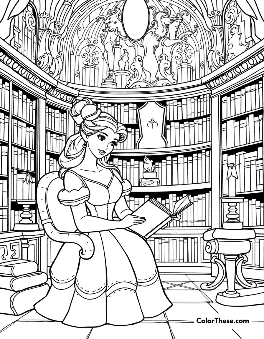 Free printable belle reading in the library coloring page for kids and adults. Belle (Disney) reading a book in the Beast’s grand library.