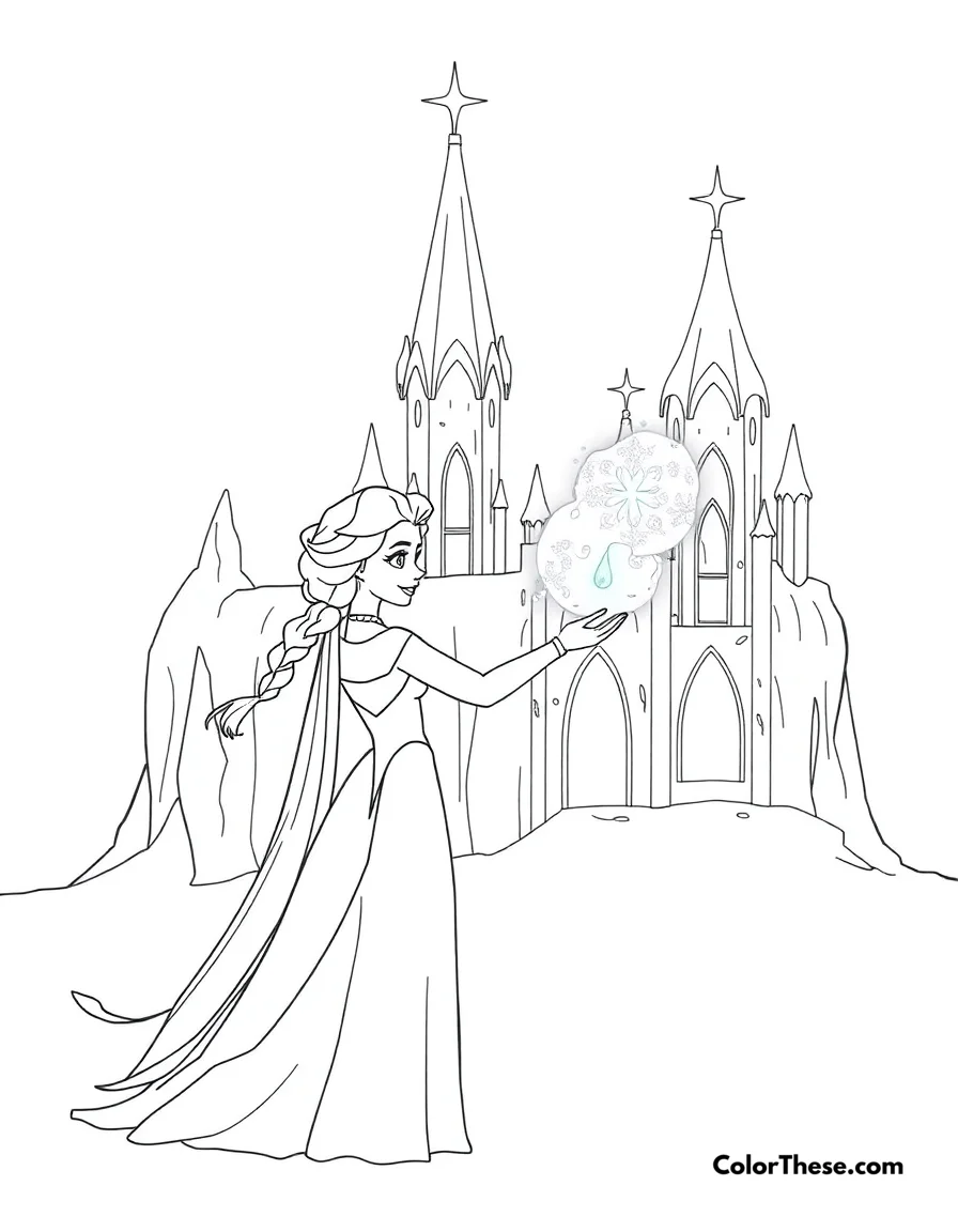 Free printable elsa creating ice magic coloring page for kids and adults. Elsa (Disney) using her ice powers to create a magical ice castle.