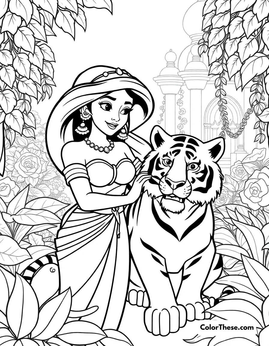 Free printable jasmine with rajah coloring page for kids and adults. Jasmine (Disney) with her loyal tiger Rajah in the palace gardens.
