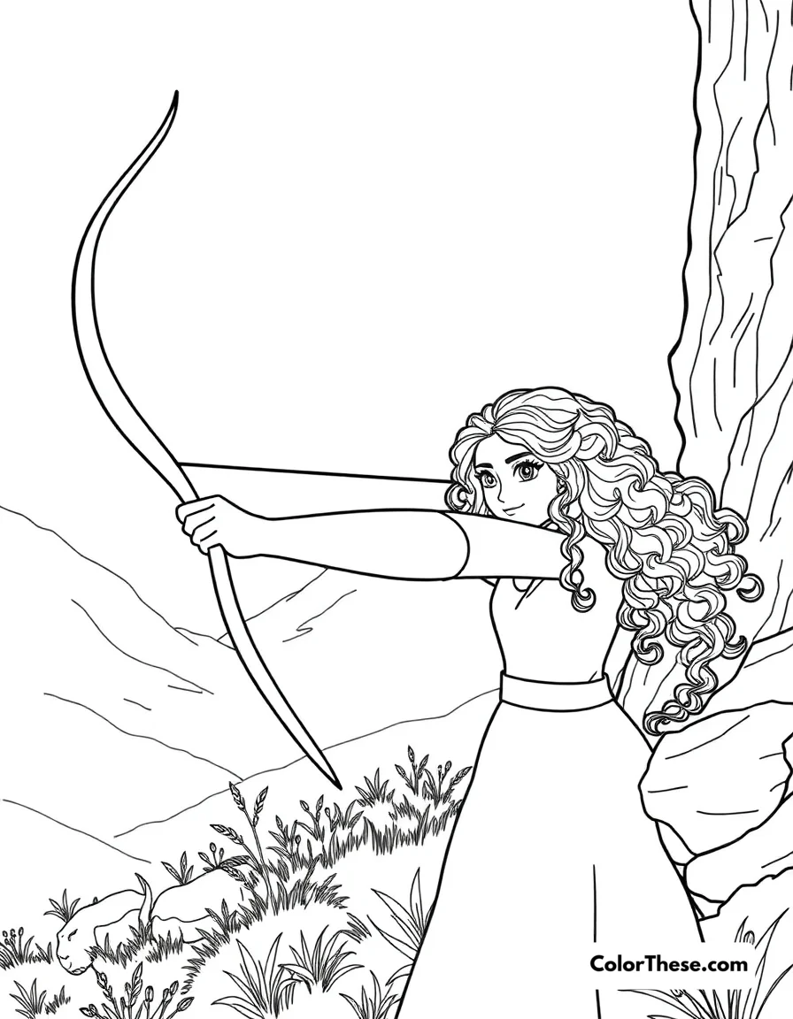 Free printable merida practicing archery coloring page for kids and adults. Merida (Disney) practicing archery in the Scottish Highlands.