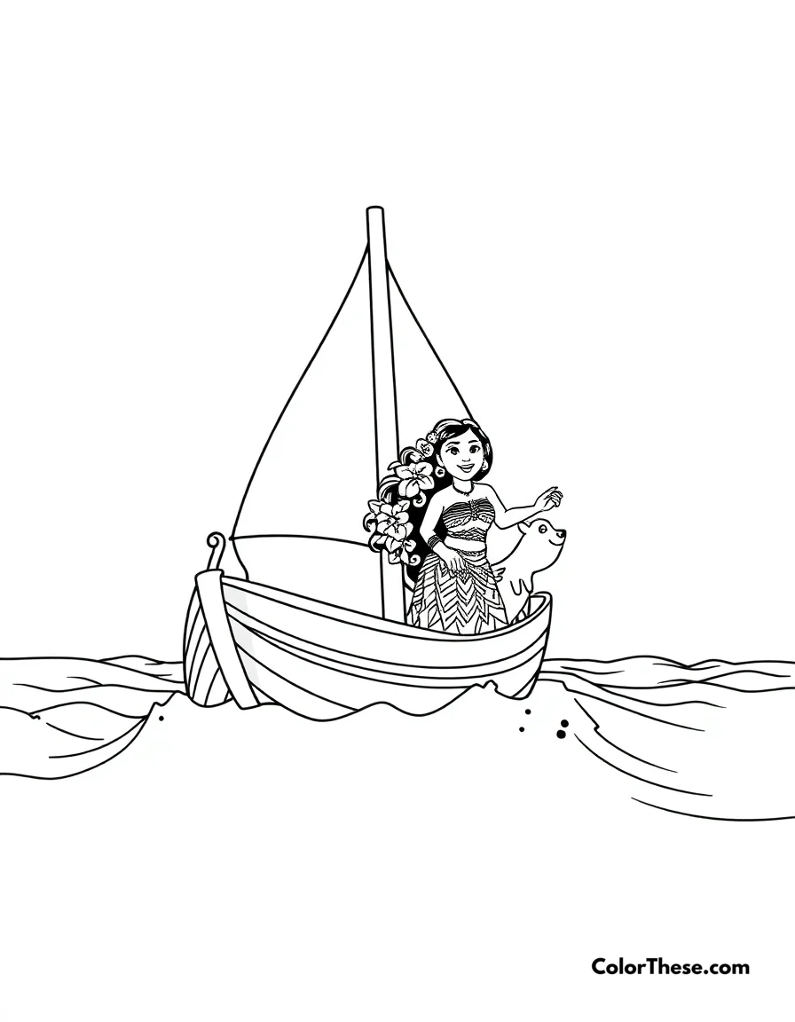 Free printable moana sailing the ocean coloring page for kids and adults. Moana (Disney) sailing the ocean with Maui and Heihei.