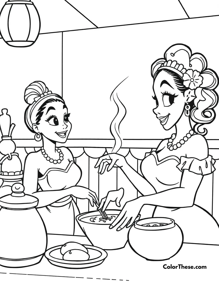 Free printable tiana cooking gumbo coloring page for kids and adults. Tiana (Disney) cooking gumbo in her restaurant.