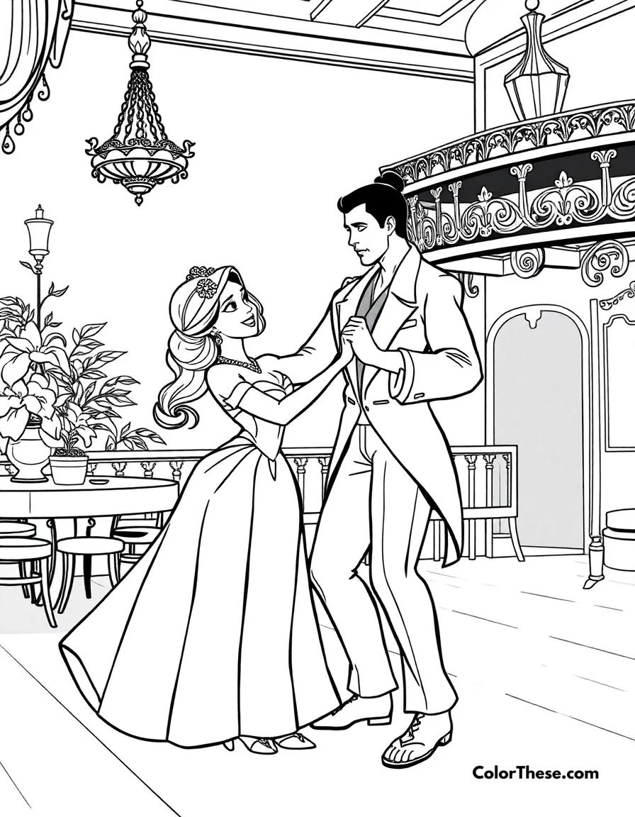 Free printable tiana and naveen dancing coloring page for kids and adults. Tiana (Disney) and Naveen dancing in a New Orleans ballroom.