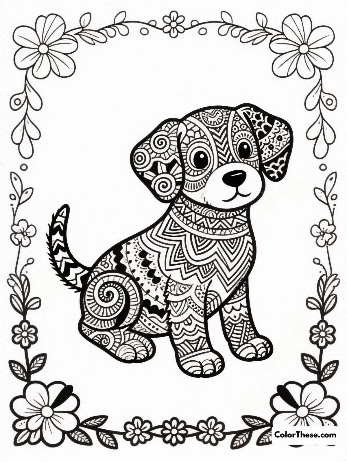 Free printable intricate puppy patterns coloring page for kids and adults. Discover the joy of coloring with "Intricate Puppy Patterns," a delightful page perfect for all ages, featuring playful puppy designs and detailed patterns.