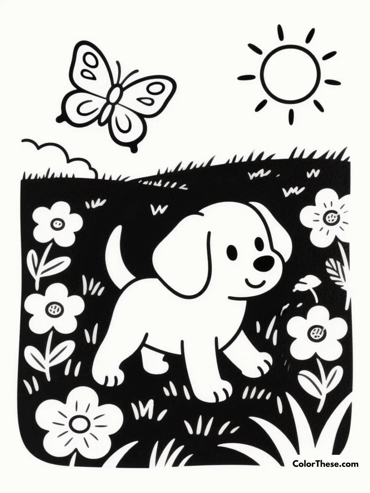 Free printable playful puppy in a meadow coloring page for kids and adults. Join a playful puppy in a vibrant meadow with this delightful coloring page, perfect for all ages to explore creativity and imagination.