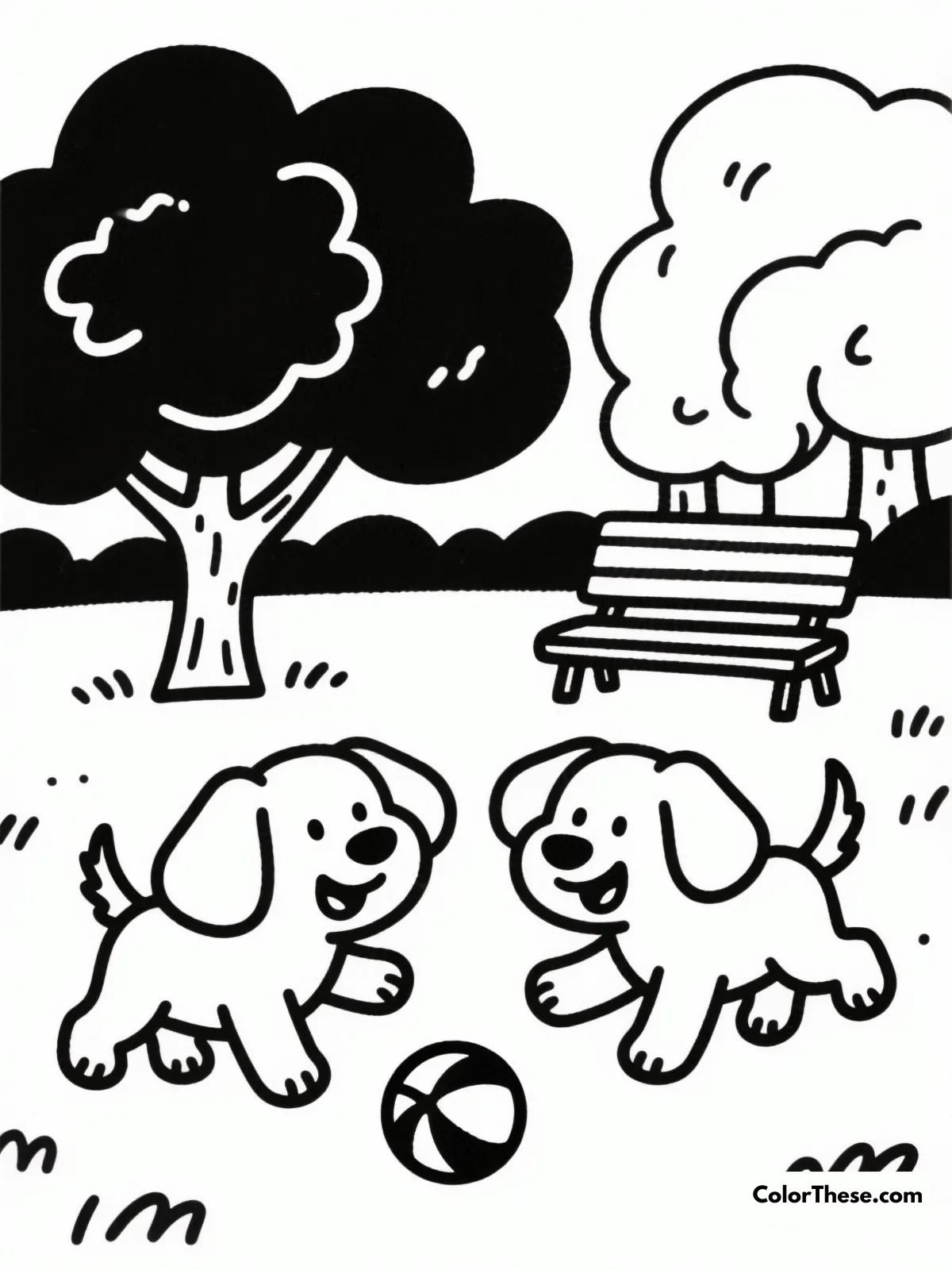 Free printable puppies at the park coloring page for kids and adults. Explore the playful world of 'Puppies at the Park' with this delightful coloring page, perfect for all ages and skill levels. Add your personal touch with vibrant colors and creative techniques!