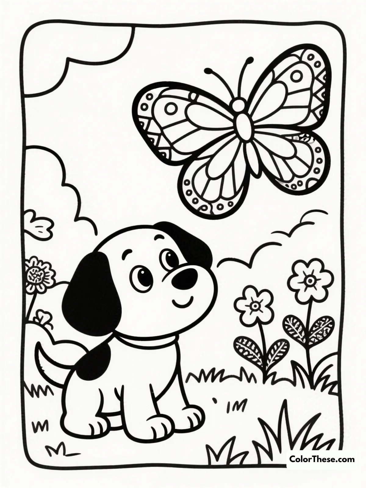 Free printable puppy and butterfly friends coloring page for kids and adults. Explore the delightful friendship between a puppy and a butterfly in this charming coloring page, perfect for all ages. Use your creativity to bring this heartwarming scene to life!